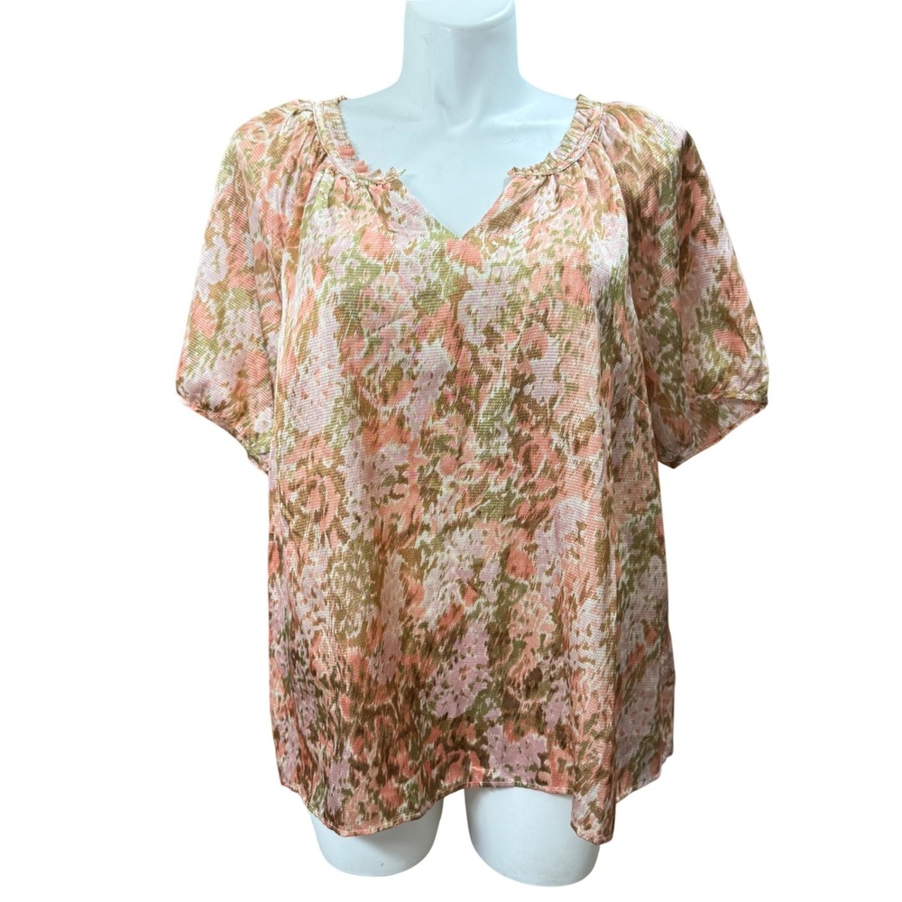 Talbots Woman 2X Pink Green Abstract Floral Puff Sleeve Blouse Top ID34